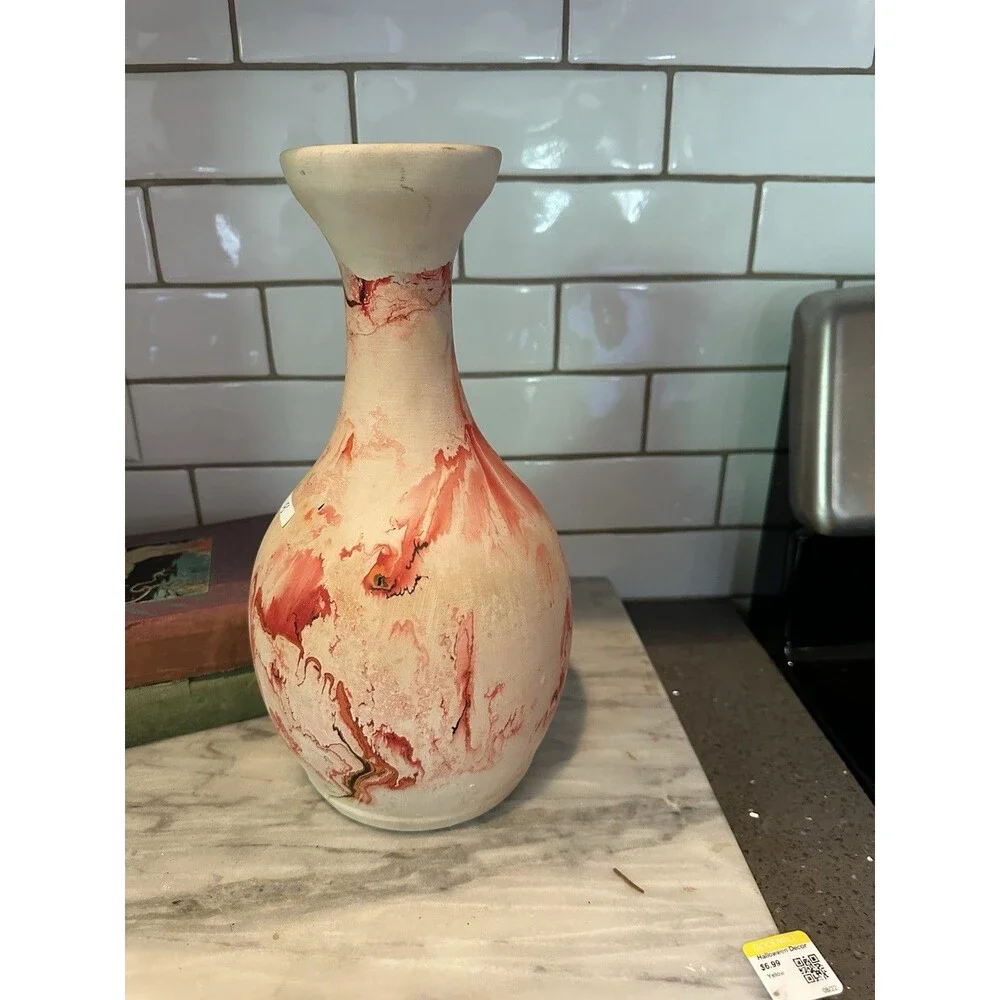 Nemadji Pottery Red Swirl Vase 12”Tall Multi Color Red Swirls Western Decor